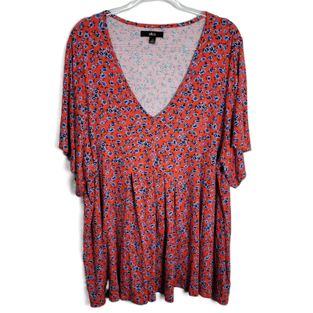 Ellos Womens‎ 22/24 Top Red Blue Floral V-Neck Flutter Sleeve Pleated Tunic